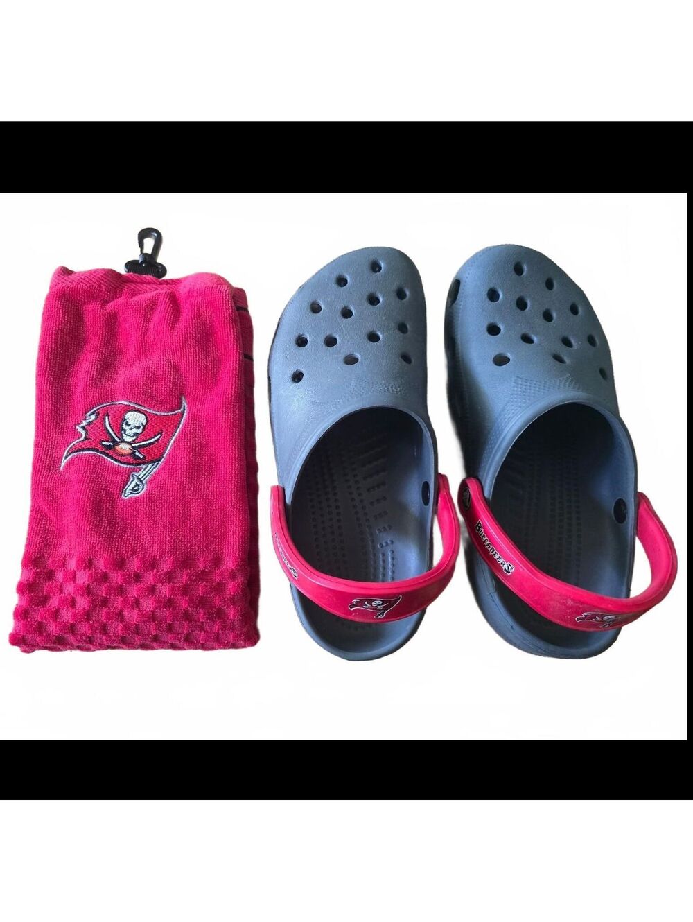 Tampa Bay Buccaneers Crocs and Hand Towel| Size 8-9 | Gray & Red NFL Football